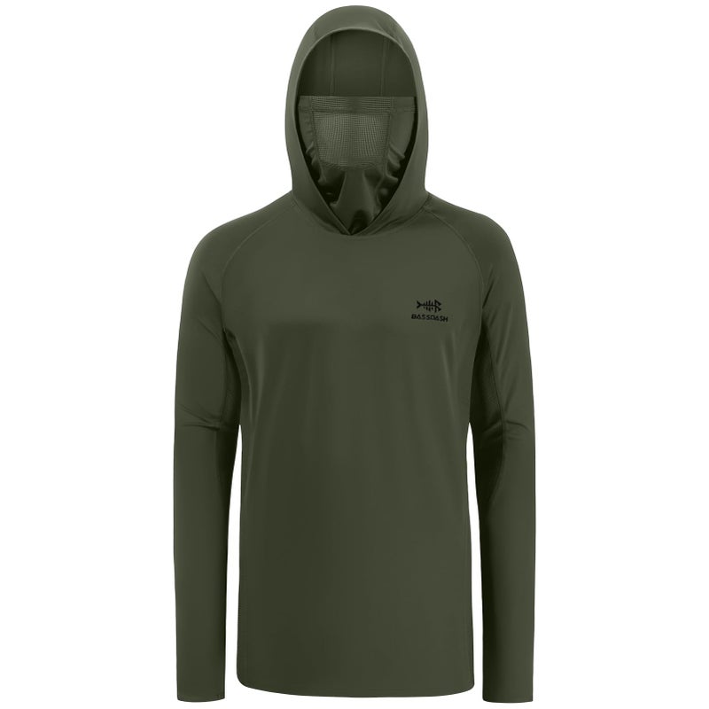 BASSDASH UPF 50+ Mens Long Sleeve Fishing Shirt with Mask UV Neck Gaiter Hoodie Olive Green - Image 5